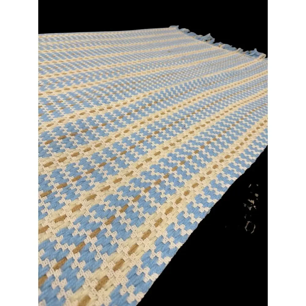 Vintage Hand Woven Afghan Throw Blanket – Baby Blue, Cream & Taupe 66” x 42”